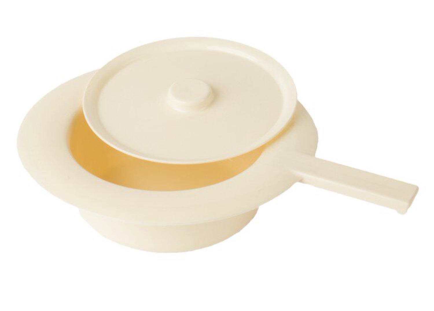 steckbecken aus schlagfestem kunststoff mit deckel. frauen benutzen diese im volksmund auch genannte bettpfanne zum urinieren und zum stuhlgang, maenner nur zum stuhlgang.